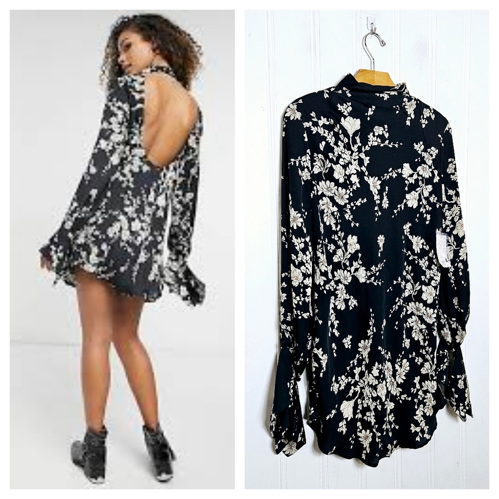 Free People Aries Black Floral Mini Dress XS NWT Cutout Back Boho Chic